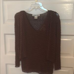 Dark brown beaded sweater with v neck sleeveless tank; not sheer